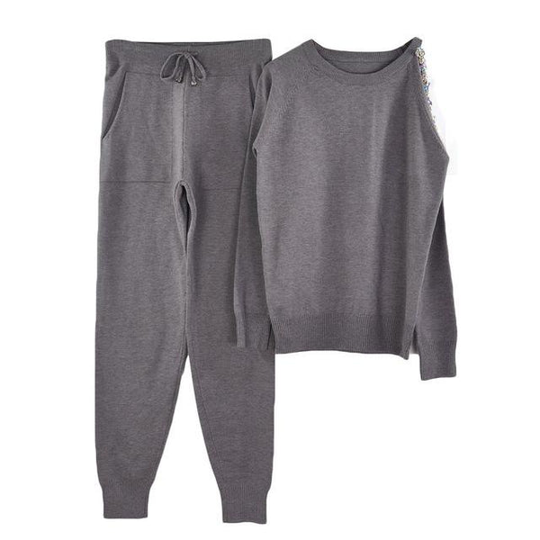 MVGIRLRU sweater suits diamond knitted suit open shoulder sleeve jumper tops and pants womens two piece sets