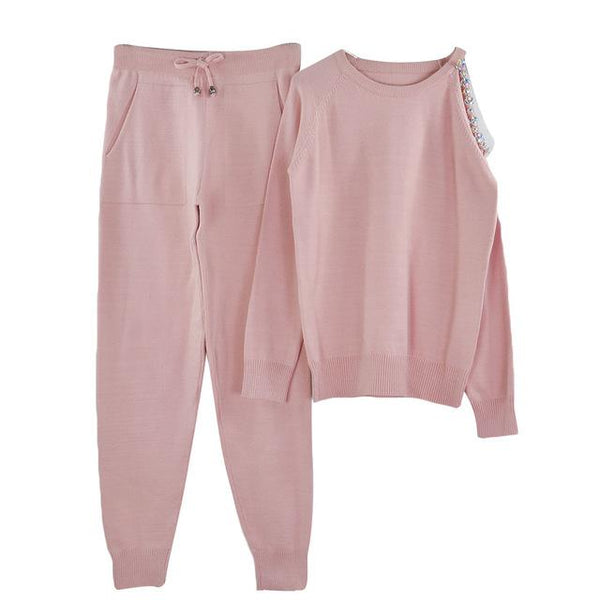 MVGIRLRU sweater suits diamond knitted suit open shoulder sleeve jumper tops and pants womens two piece sets