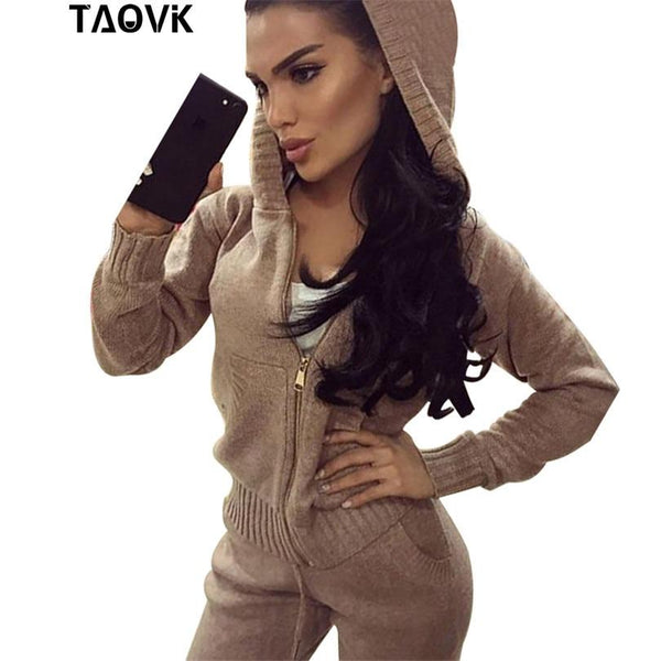 TAOVK womans knit set Pockets Zipper hooded Sweater tracksuit woman two piece Oversize Warm knitwear outfits house suit 2019