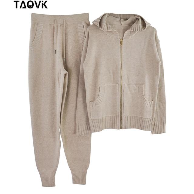 TAOVK womans knit set Pockets Zipper hooded Sweater tracksuit woman two piece Oversize Warm knitwear outfits house suit 2019