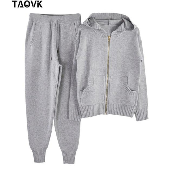 TAOVK womans knit set Pockets Zipper hooded Sweater tracksuit woman two piece Oversize Warm knitwear outfits house suit 2019