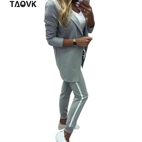 TAOVK Women's Suits Turn-down Collar Jacket White Striped Pant two Pieces Set Pant Suits woman's sport costumes Feminine clothes