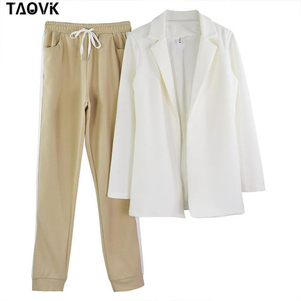 TAOVK Women's Suits Turn-down Collar Jacket White Striped Pant two Pieces Set Pant Suits woman's sport costumes Feminine clothes