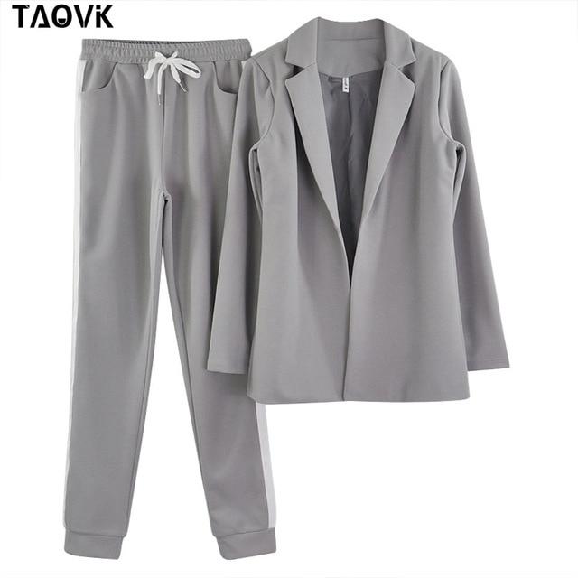 TAOVK Women's Suits Turn-down Collar Jacket White Striped Pant two Pieces Set Pant Suits woman's sport costumes Feminine clothes