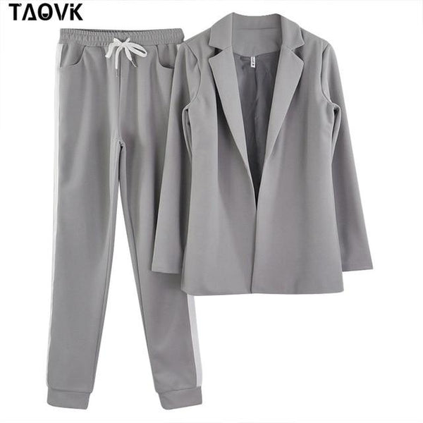 TAOVK Women's Suits Turn-down Collar Jacket White Striped Pant two Pieces Set Pant Suits woman's sport costumes Feminine clothes