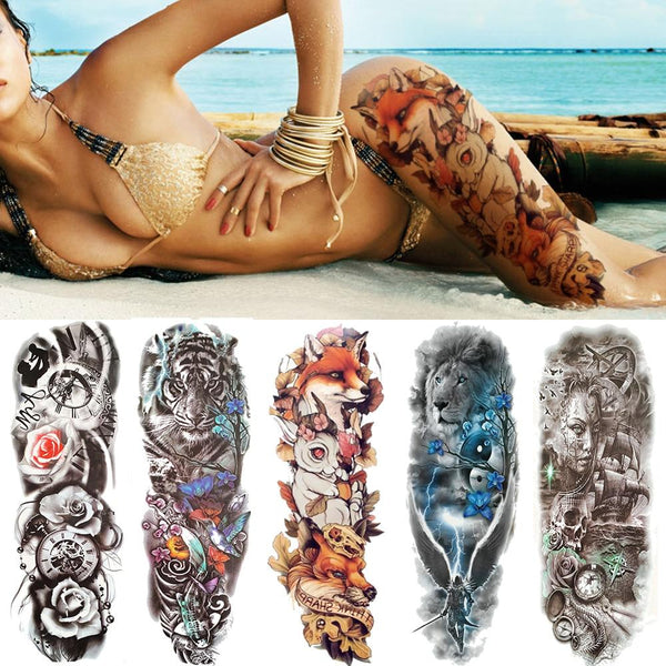 Sexy Wolf Full Flower Arm Temporary Tattoo Stickers For Men Body Art Sleeve Tattoo Decals Girl Women Waterproof Tatoo Fox Legs