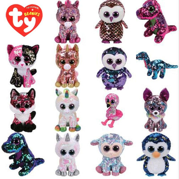 Ty Beanie Boos Plush Animal Doll Sequin Soft Stuffed Cat Owl Fox Rabbit Unicorn Flamingo Sheep Dragon Dog Penguin Toys 6" 15cm
