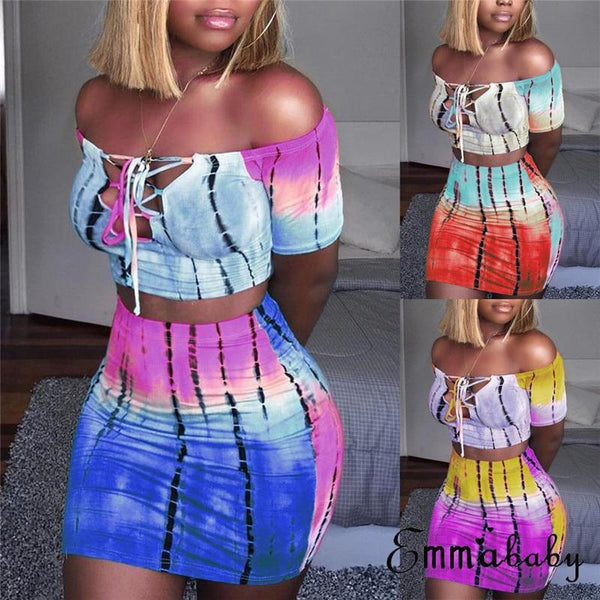 Women 2 Piece Set Off Shoulder Crop Top and Skirt Bodycon Outfits 2019 Sexy Summer Slim Party Club Clothing