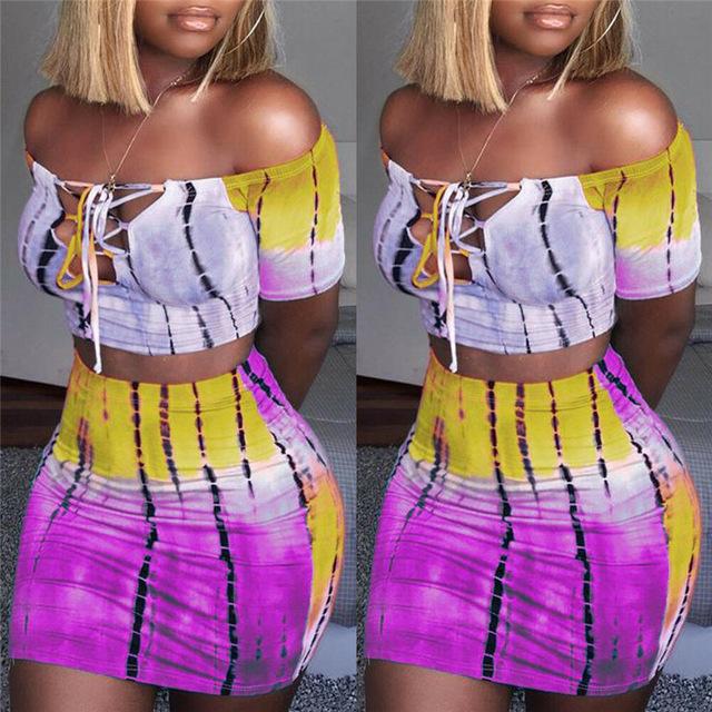 Women 2 Piece Set Off Shoulder Crop Top and Skirt Bodycon Outfits 2019 Sexy Summer Slim Party Club Clothing