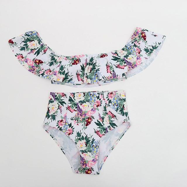 Zrtak Ruffle Bikini Bandeau Print Bandage Swimsuit Women Off Shoulder Swimwear Female  Backless Beachwear  Brazilian Bikini Set