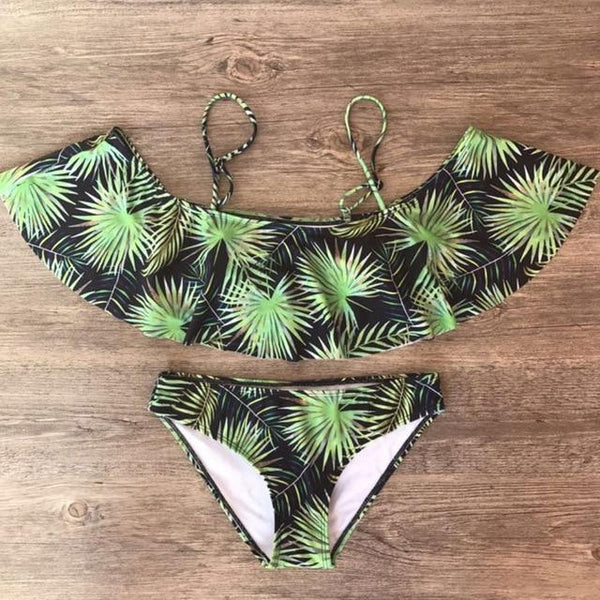 Zrtak Ruffle Bikini Bandeau Print Bandage Swimsuit Women Off Shoulder Swimwear Female  Backless Beachwear  Brazilian Bikini Set