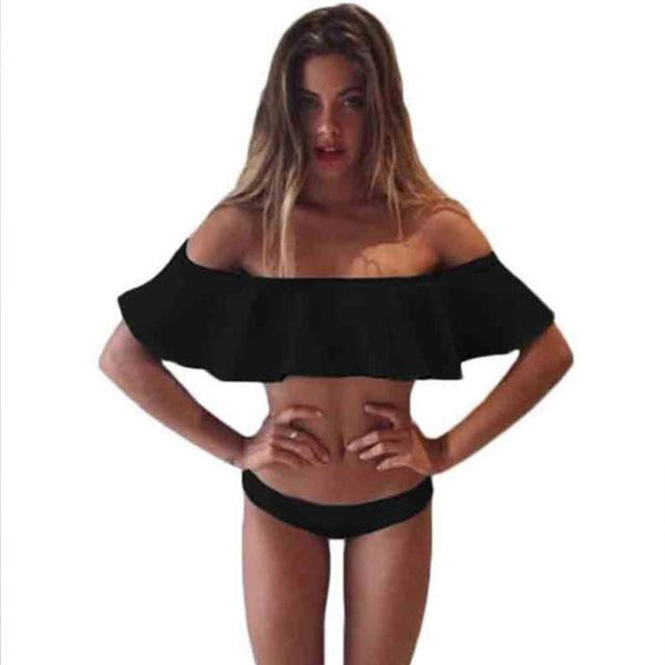 Zrtak Ruffle Bikini Bandeau Print Bandage Swimsuit Women Off Shoulder Swimwear Female  Backless Beachwear  Brazilian Bikini Set