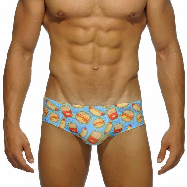 Men Swimwear Sexy Swimming Trunks Briefs Low Waist Mens Food Print Beach Surfing Shorts Swim Trunk Brief Man Swimsuit Beachwear