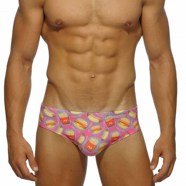 Men Swimwear Sexy Swimming Trunks Briefs Low Waist Mens Food Print Beach Surfing Shorts Swim Trunk Brief Man Swimsuit Beachwear