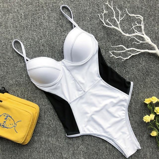 2019 Sexy One Piece Swimsuit Women Mesh Patchwork Swimwear Push Up Monokini Bandage Swimming Suit For Maillot De Bain Femme