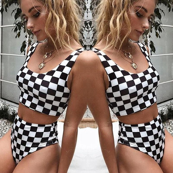 High Waist Swimwear Women Plaid Bathing Suit Two Pieces Swimsuit Tankini Halter Bandeau Beach Wear trajes de bano Mujer Trikinis