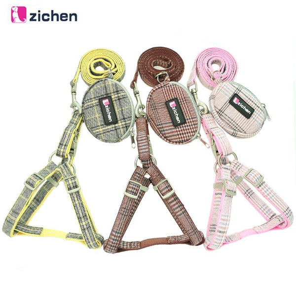 Zichen Pet Dog Harness Leash Set Lattice Thickening Double Nylon Small Purse Dog Harness Pet Leash Perfect for Daily Walking S-M