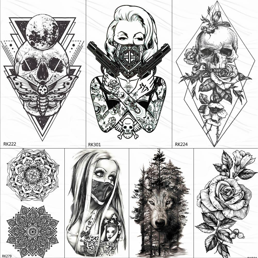 OMMGO 3D Rhombus Triangle Skull Nun Temporary Tattoo Sticker For Men Women Arm Leg Tatoo Paper Waterproof Body Art Black Tattoos