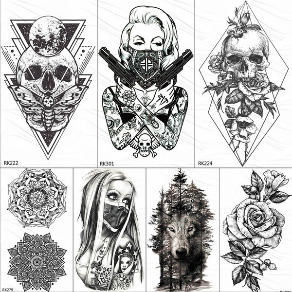 OMMGO 3D Rhombus Triangle Skull Nun Temporary Tattoo Sticker For Men Women Arm Leg Tatoo Paper Waterproof Body Art Black Tattoos