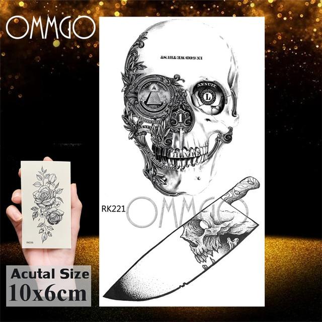 OMMGO 3D Rhombus Triangle Skull Nun Temporary Tattoo Sticker For Men Women Arm Leg Tatoo Paper Waterproof Body Art Black Tattoos
