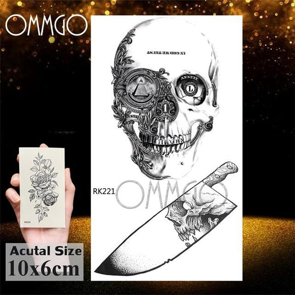OMMGO 3D Rhombus Triangle Skull Nun Temporary Tattoo Sticker For Men Women Arm Leg Tatoo Paper Waterproof Body Art Black Tattoos