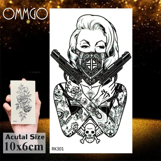OMMGO 3D Rhombus Triangle Skull Nun Temporary Tattoo Sticker For Men Women Arm Leg Tatoo Paper Waterproof Body Art Black Tattoos