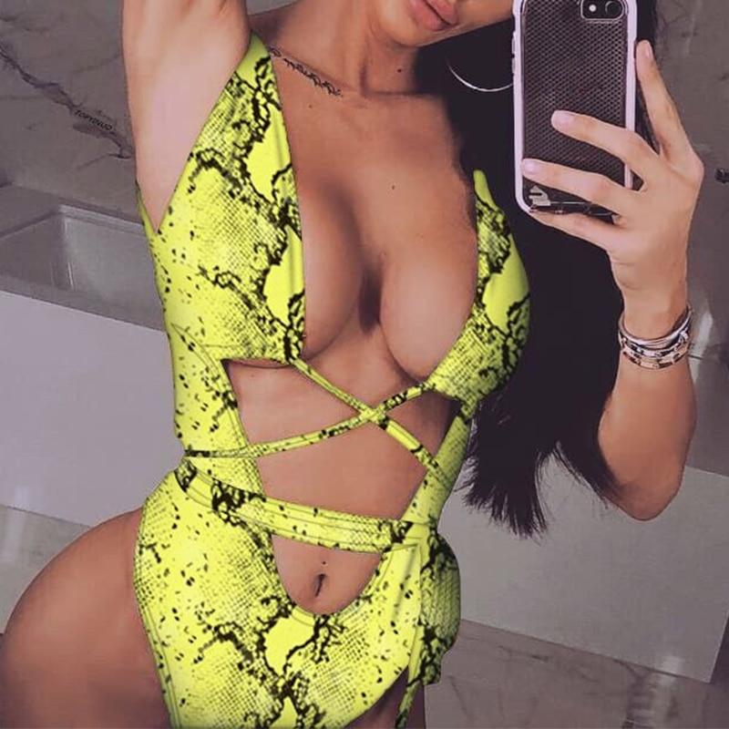 Leopard Print Brazilian Bikini 2019 Push Up Swimwear Bodysuit Women One Piece Bandage Swimsuit Monokini Snake Print Bathing Suit