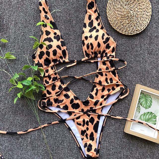 Leopard Print Brazilian Bikini 2019 Push Up Swimwear Bodysuit Women One Piece Bandage Swimsuit Monokini Snake Print Bathing Suit