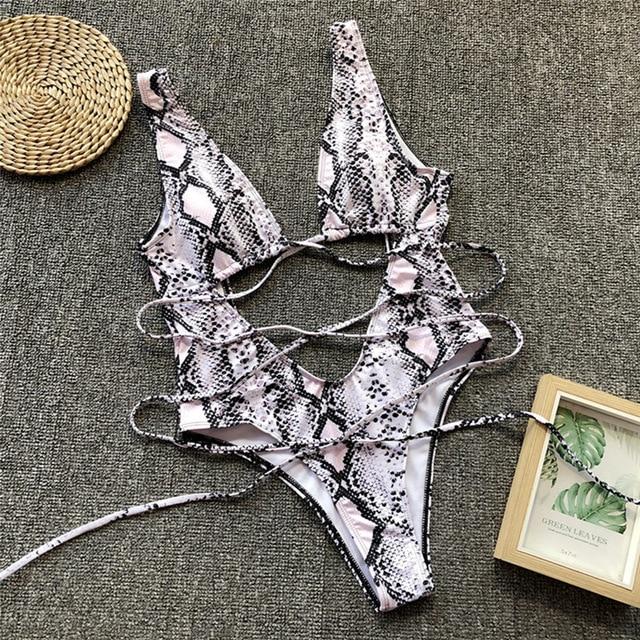 Leopard Print Brazilian Bikini 2019 Push Up Swimwear Bodysuit Women One Piece Bandage Swimsuit Monokini Snake Print Bathing Suit