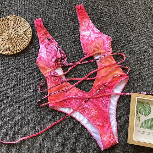 Leopard Print Brazilian Bikini 2019 Push Up Swimwear Bodysuit Women One Piece Bandage Swimsuit Monokini Snake Print Bathing Suit