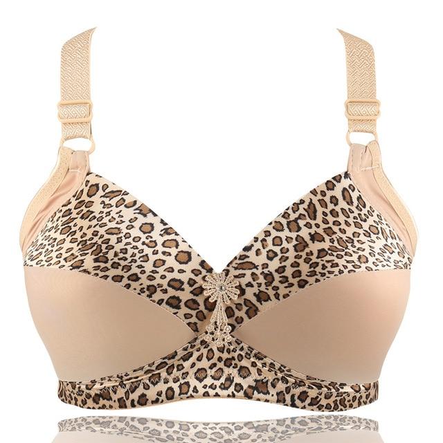 Women's Plus Size Bra Leopard Print Wire Free Bras Push Up Ajusted Brassiere Thin Cup Underwear 44 46