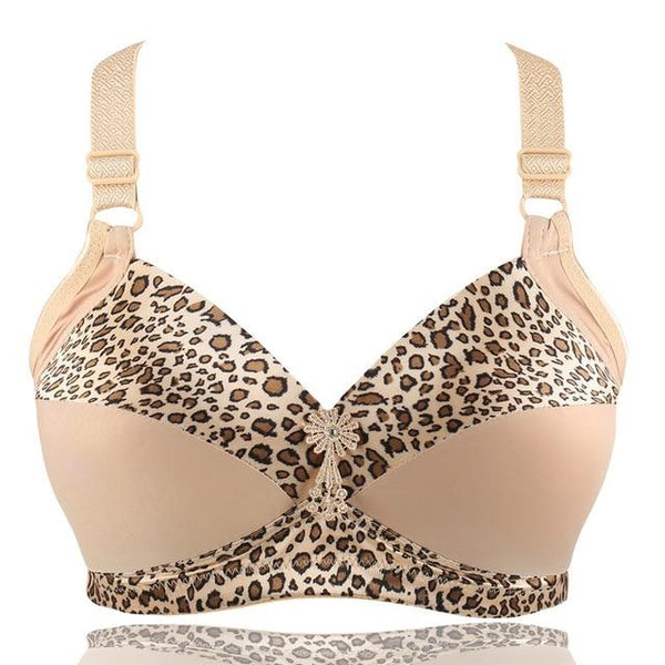 Women's Plus Size Bra Leopard Print Wire Free Bras Push Up Ajusted Brassiere Thin Cup Underwear 44 46