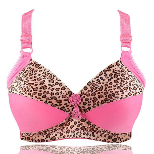 Women's Plus Size Bra Leopard Print Wire Free Bras Push Up Ajusted Brassiere Thin Cup Underwear 44 46