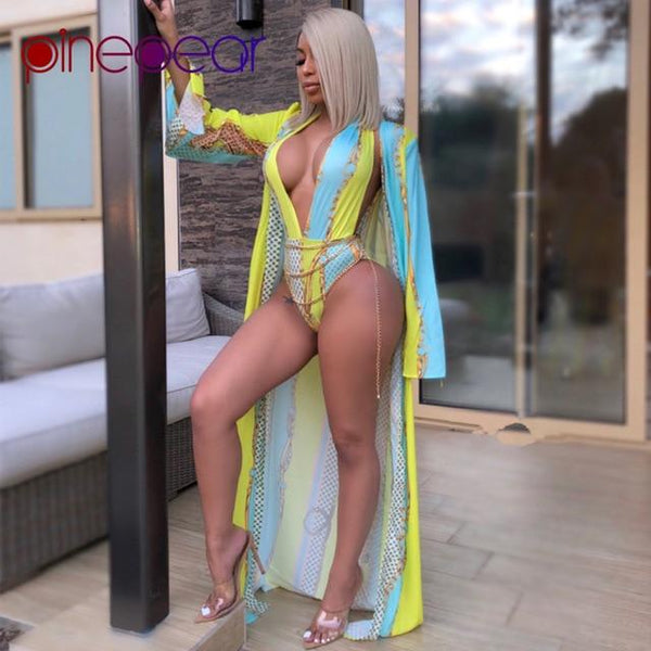 PinePear Light Blue Yellow Block Gold Chain Print Cover Up + Bodysuit Two Piece Swimsuit Women Bathing Suit Swimwear Wholesale
