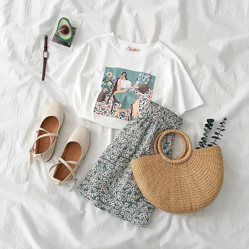 Vintage Flower Skirt Set Summer 2 Piece Set Women Fashion Boho Style White T-shirt +A-line Mini Skirt Female Casual Matching Set