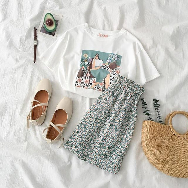 Vintage Flower Skirt Set Summer 2 Piece Set Women Fashion Boho Style White T-shirt +A-line Mini Skirt Female Casual Matching Set