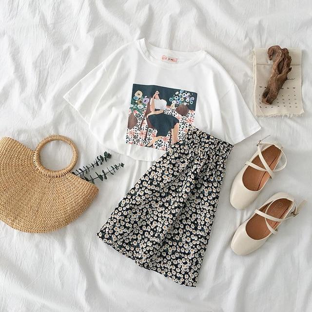 Vintage Flower Skirt Set Summer 2 Piece Set Women Fashion Boho Style White T-shirt +A-line Mini Skirt Female Casual Matching Set