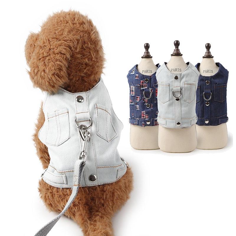 Pet Puppy Dog Harness Jean Jacket Denim Vest Harness and Leash for Small Dog Cat Chihuahua Teddy Schnauzer Apparel with Pocket