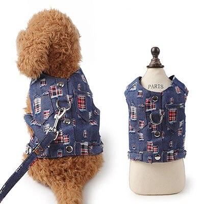 Pet Puppy Dog Harness Jean Jacket Denim Vest Harness and Leash for Small Dog Cat Chihuahua Teddy Schnauzer Apparel with Pocket