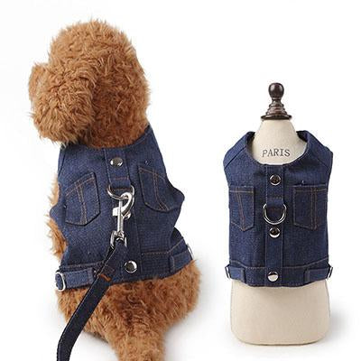 Pet Puppy Dog Harness Jean Jacket Denim Vest Harness and Leash for Small Dog Cat Chihuahua Teddy Schnauzer Apparel with Pocket
