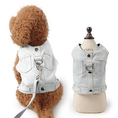 Pet Puppy Dog Harness Jean Jacket Denim Vest Harness and Leash for Small Dog Cat Chihuahua Teddy Schnauzer Apparel with Pocket
