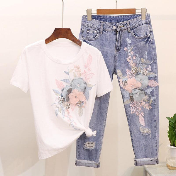 High Quality Women 3D Floral Cotton Embroidery Sequined T-shirts Jeans Sets + Casual Holes Denim Tassel Ankle-Length Pants Suits
