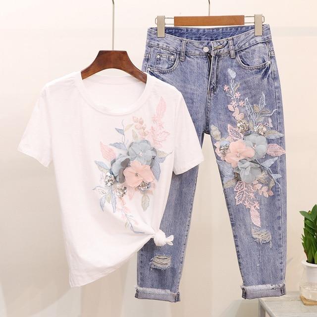 High Quality Women 3D Floral Cotton Embroidery Sequined T-shirts Jeans Sets + Casual Holes Denim Tassel Ankle-Length Pants Suits