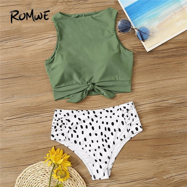 Romwe Sport Two-Pieces Suits Knot Hem Top With Ruched Panty 2 Piece Swimsuit Women Summer High Neck Casual Swimwear 2 Colors
