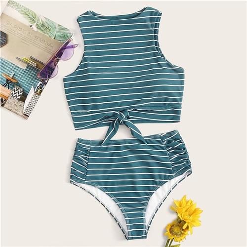 Romwe Sport Two-Pieces Suits Knot Hem Top With Ruched Panty 2 Piece Swimsuit Women Summer High Neck Casual Swimwear 2 Colors