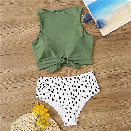 Romwe Sport Two-Pieces Suits Knot Hem Top With Ruched Panty 2 Piece Swimsuit Women Summer High Neck Casual Swimwear 2 Colors
