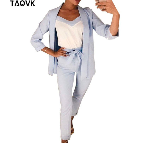 TAOVK Women 3 Pieces Set OL Pant Suit Bracelet Sleeve Belted Blazer Jacket and Sleeveless Vest Tops and Long Trouser Suits