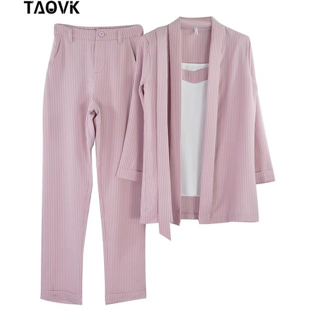 TAOVK Women 3 Pieces Set OL Pant Suit Bracelet Sleeve Belted Blazer Jacket and Sleeveless Vest Tops and Long Trouser Suits