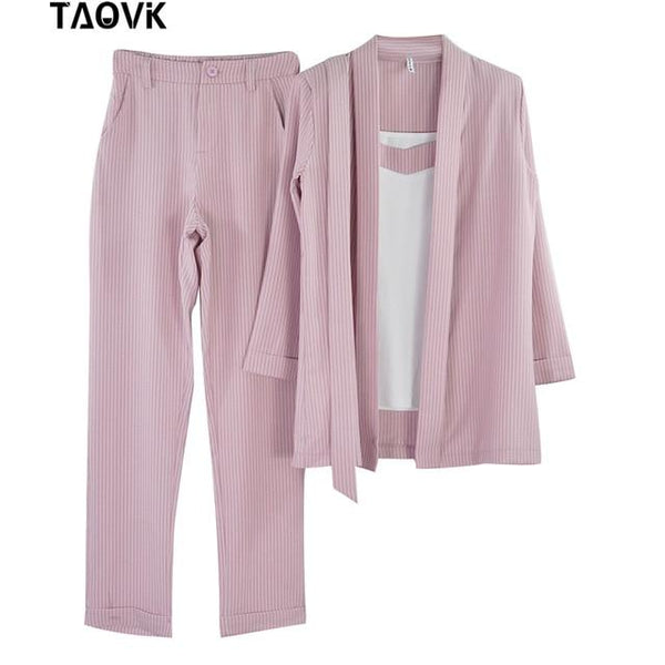TAOVK Women 3 Pieces Set OL Pant Suit Bracelet Sleeve Belted Blazer Jacket and Sleeveless Vest Tops and Long Trouser Suits
