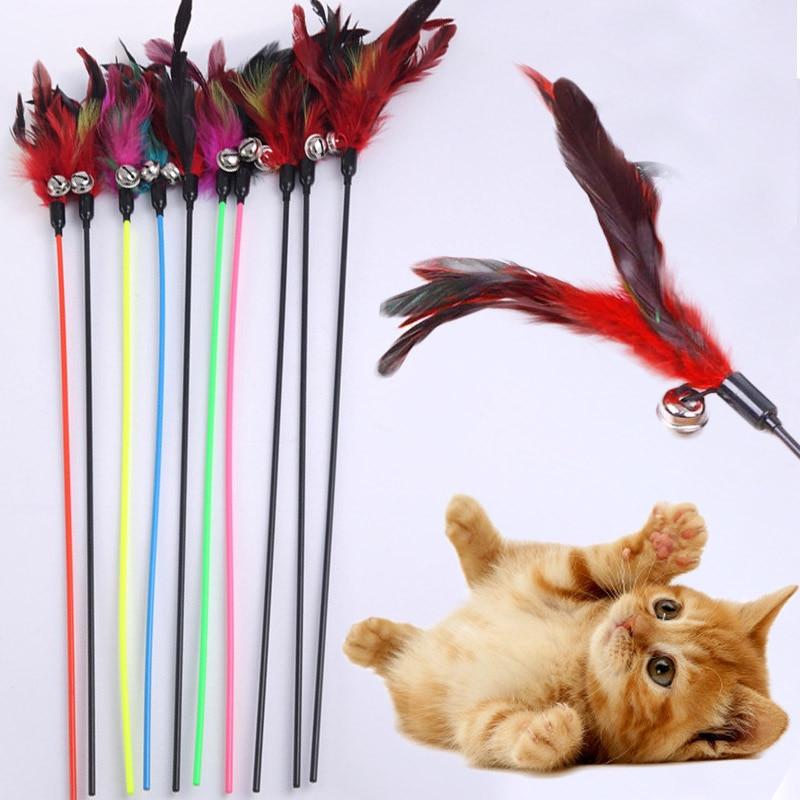 Random Color Hot Sale Feather With Small Bell Natural Make A Cat Stick 1PCS Like Birds Cat Toys Black Coloured Pole